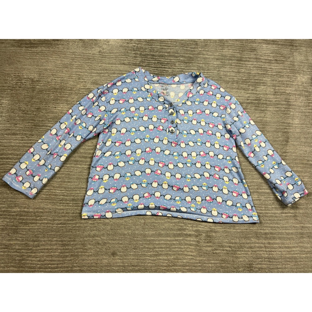 Jaclyn New York Pajama Top Womens Medium Blue Penguin Print Henley Long Sleeve
